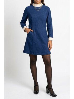 Vintage Inspired Navy Blue Mod High Neck Lace Collar Dress